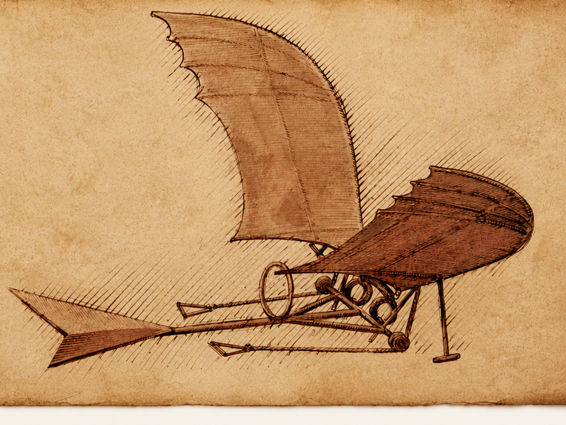 Vintage flying machine sketch on parchment.